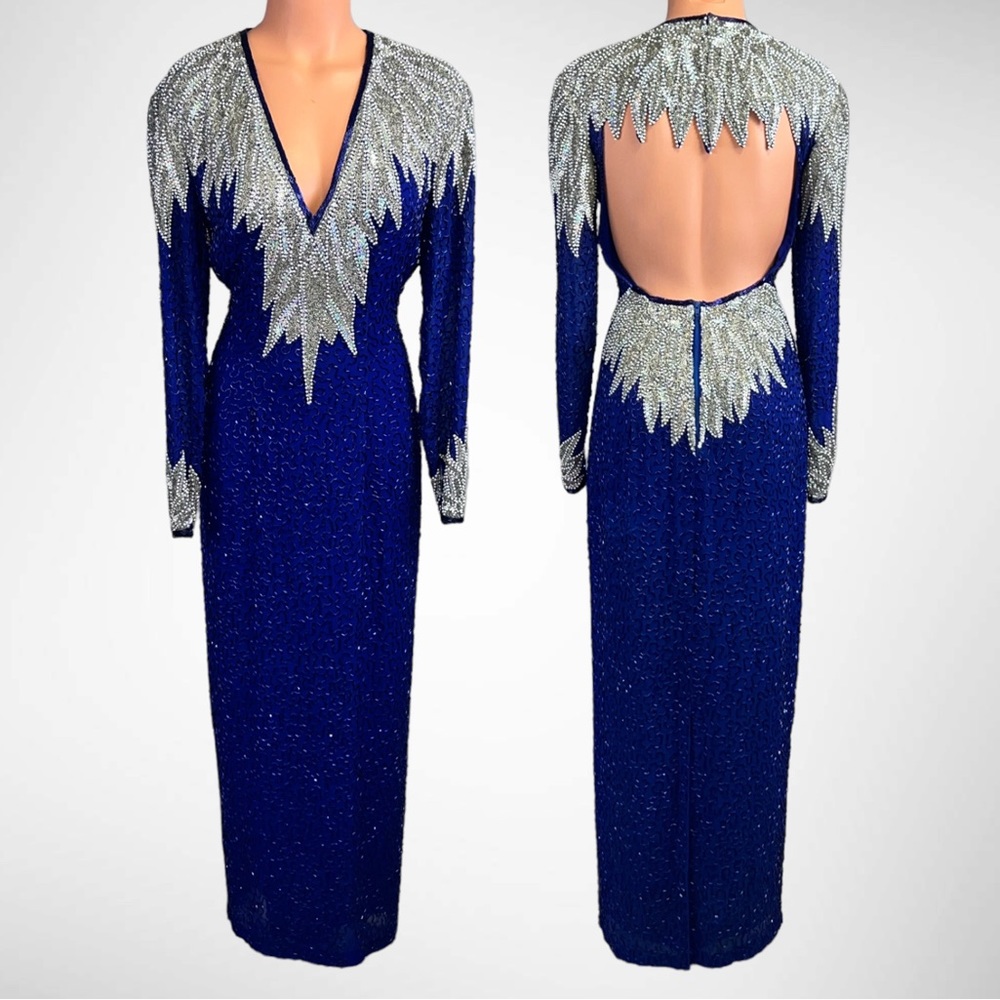 Stunning Vintage 80s Lillie Rubin Deep V Open Back Pearl Beaded Evening Gown